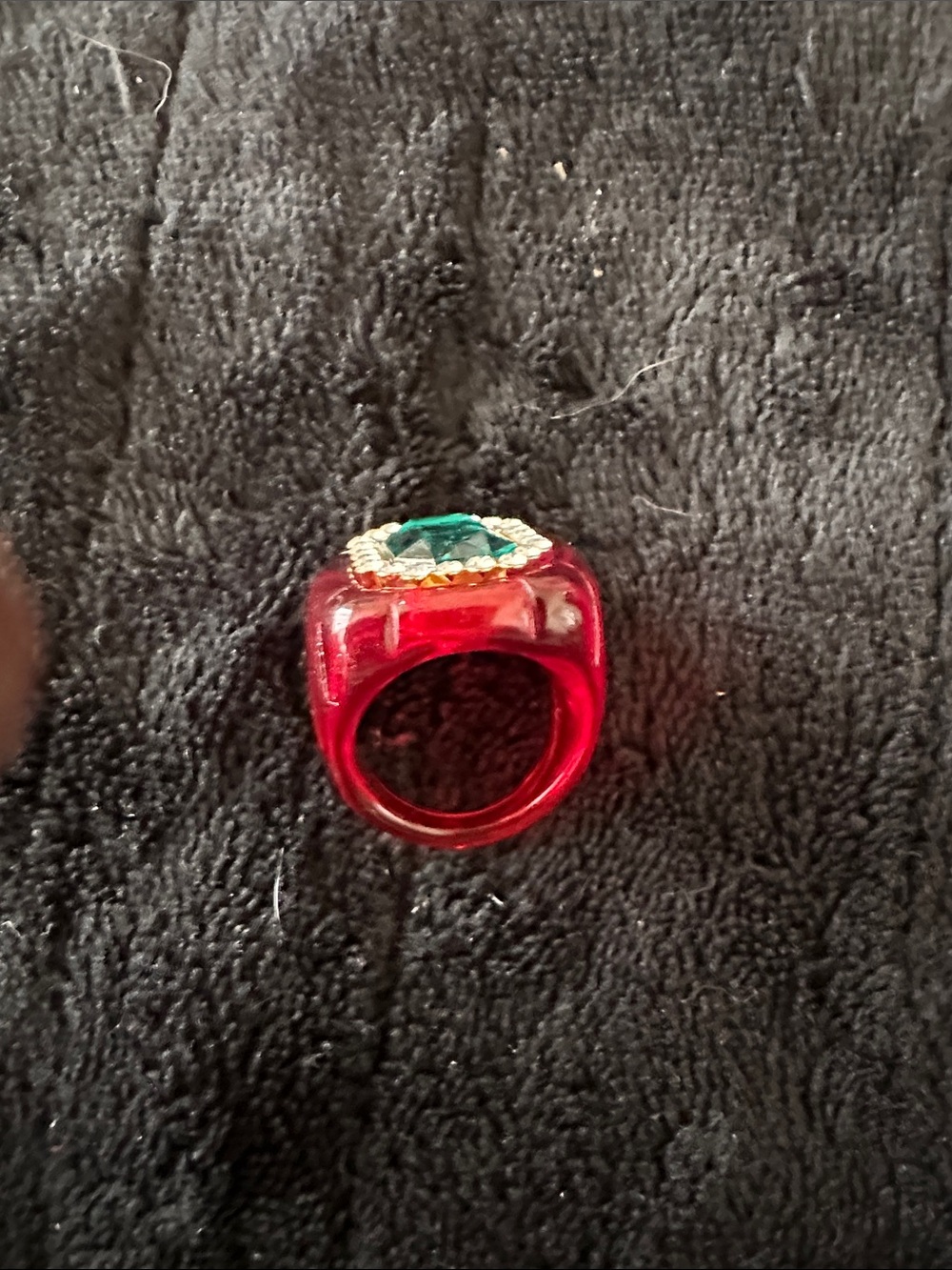Red Bubble Style Statement Ring with Emerald Center and Crystal Halo Size 8 - Picture 3 of 5